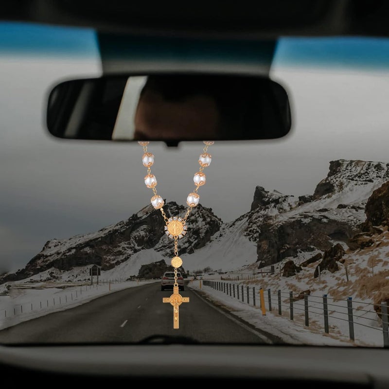 COBEE Car Rosary, 2-Piece Cross Auto Rosary, Rear View Mirror Pendant, Car Hanging Accessories, Interior Decor for Women & Men (Gold) - Image 5